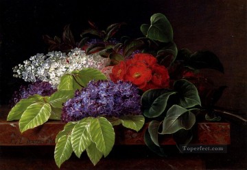 古典的 Painting - 大理石の棚に白と紫のライラックの椿とブナの葉 ヨハン・ラウレンツ・ジェンセン